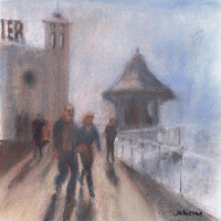 Rockers on the pier – John Whiting - pastel (29x29cm) – £350 framed