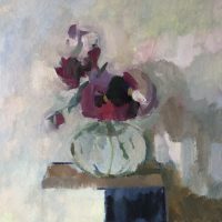 Tumbling Pansies, 2021
Oil on board 40x30cm. Frame with white gold leaf 
By Emma Hill